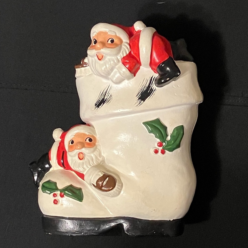 Vintage Chalkware Santa Claus Boot Coin Bank JAPAN Shining Shoes Christmas Holly
